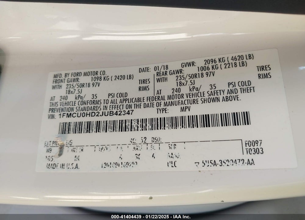 2018 FORD ESCAPE SEL VIN: 1FMCU0HD2JUB42347