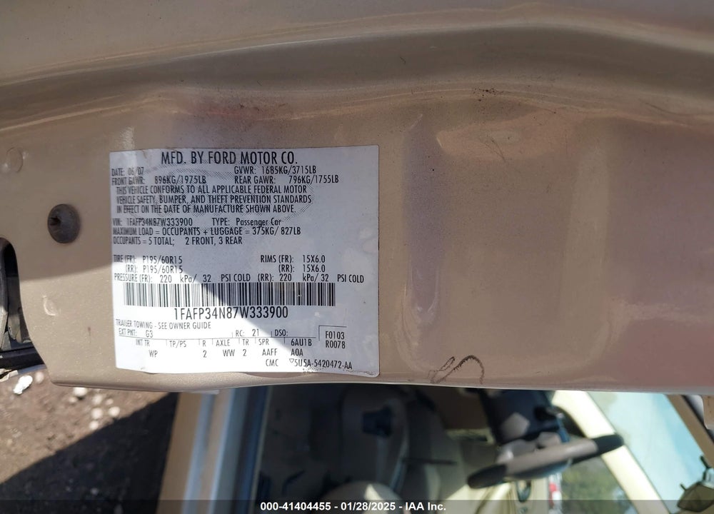 2007 FORD FOCUS VIN: 1FAFP34N87W333900