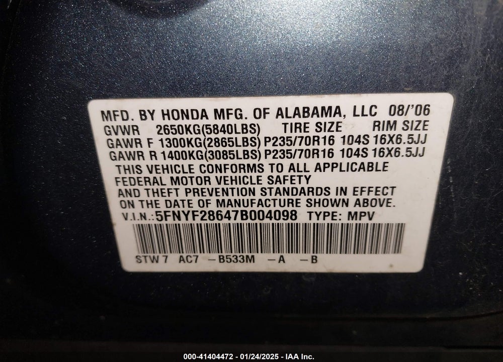 2007 HONDA PILOT EX-L VIN: 5FNYF28647B004098