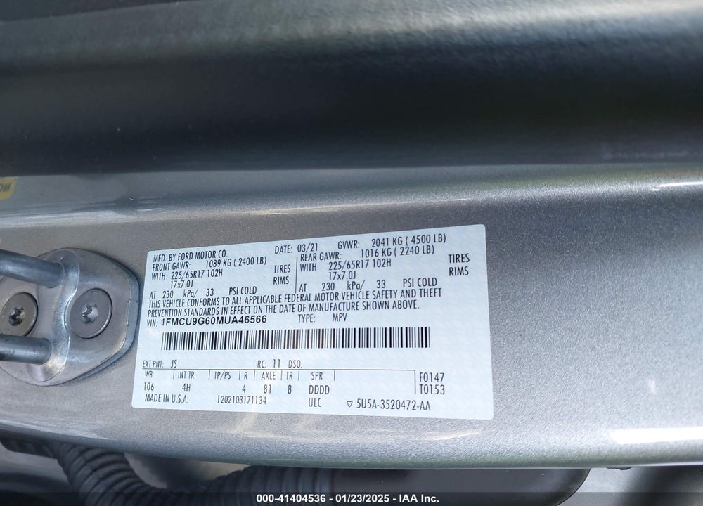 2021 FORD ESCAPE SE VIN: 1FMCU9G60MUA46566