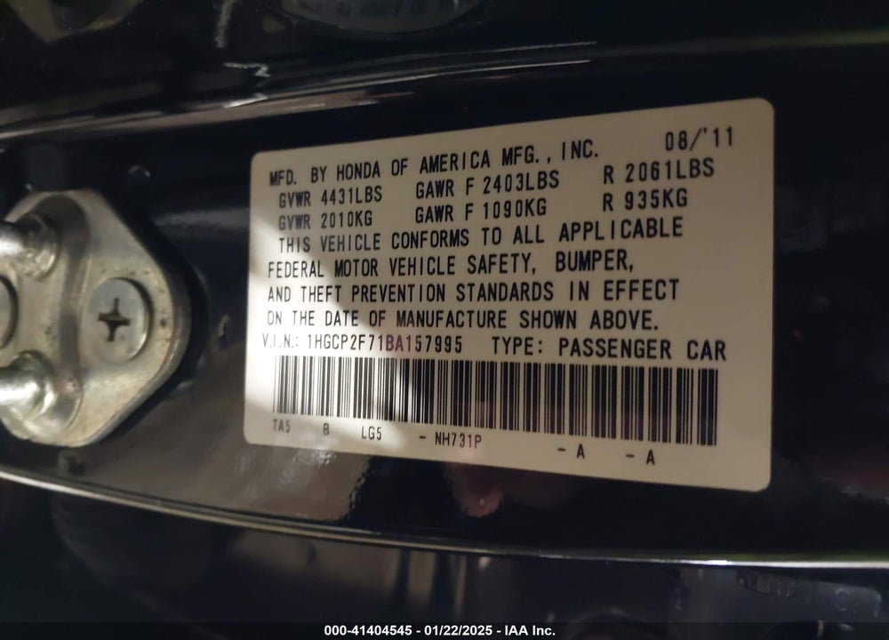 2011 HONDA ACCORD 2.4 EX VIN: 1HGCP2F71BA157995