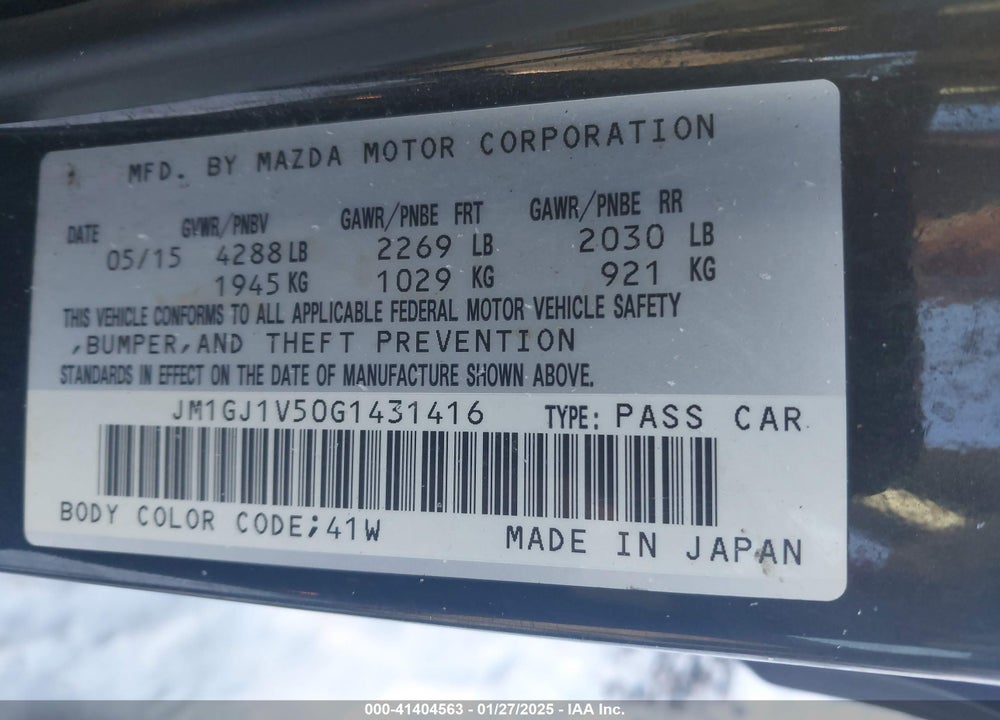 2016 MAZDA 6 VIN: JM1GJ1V50G1431416