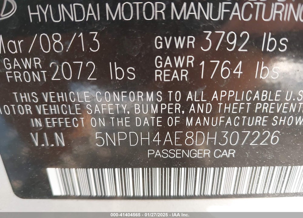 2013 HYUNDAI ELANTRA VIN: 5NPDH4AE8DH307226