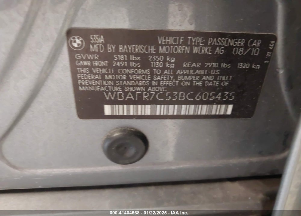 2011 BMW 535I VIN: WBAFR7C53BC605435