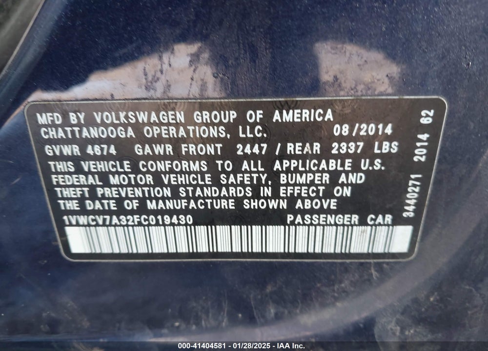 2015 VOLKSWAGEN PASSAT VIN: 1VWCV7A32FC019430