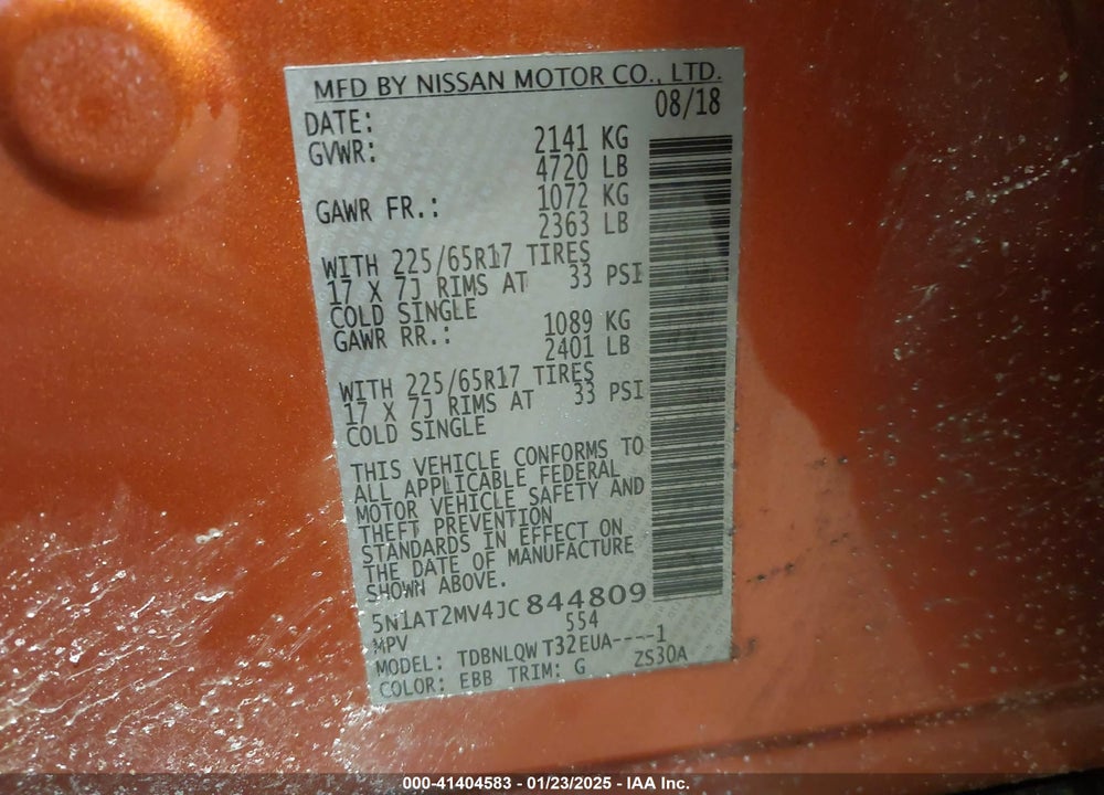 2018 NISSAN ROGUE SV VIN: 5N1AT2MV4JC844809