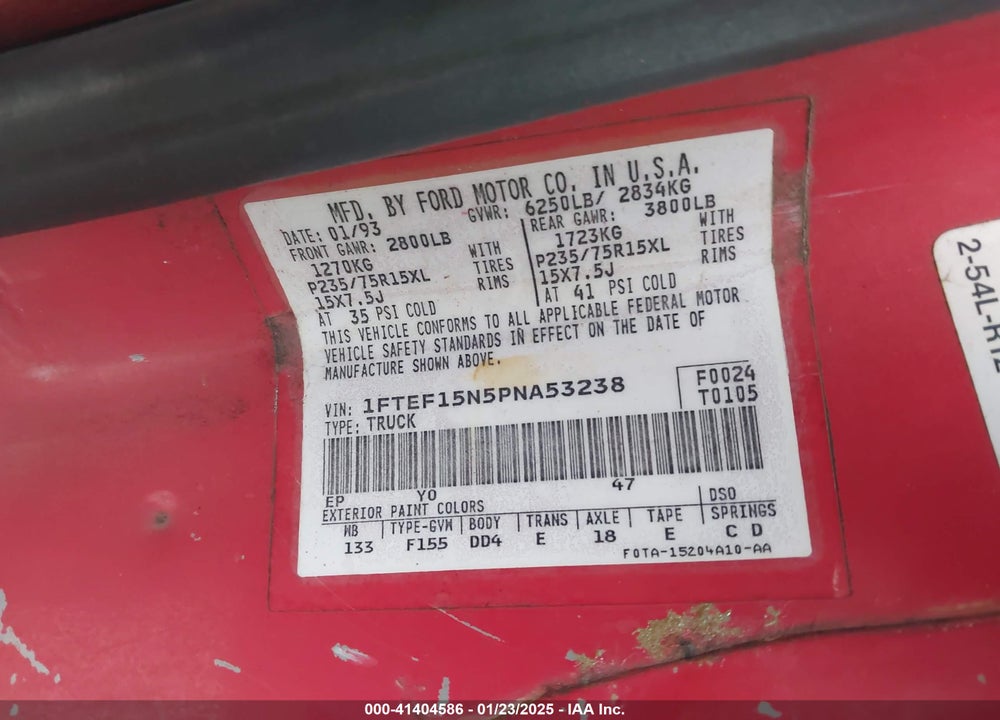 1993 FORD F150 VIN: 1FTEF15N5PNA53238
