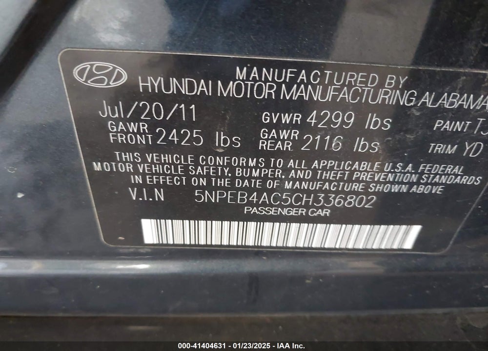 2012 HYUNDAI SONATA VIN: 5NPEB4AC5CH336802