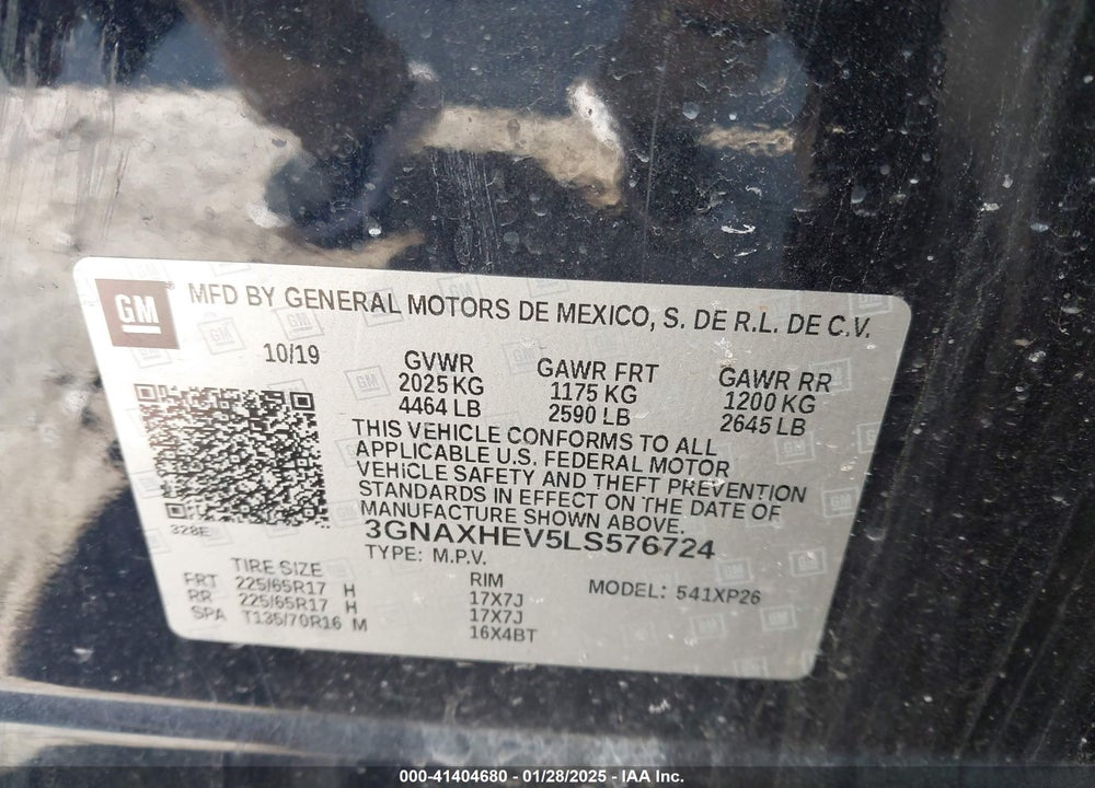 2020 CHEVROLET EQUINOX VIN: 3GNAXHEV5LS576724