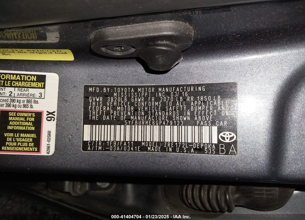2016 TOYOTA COROLLA L VIN: 5YFBURHE6GP479123
