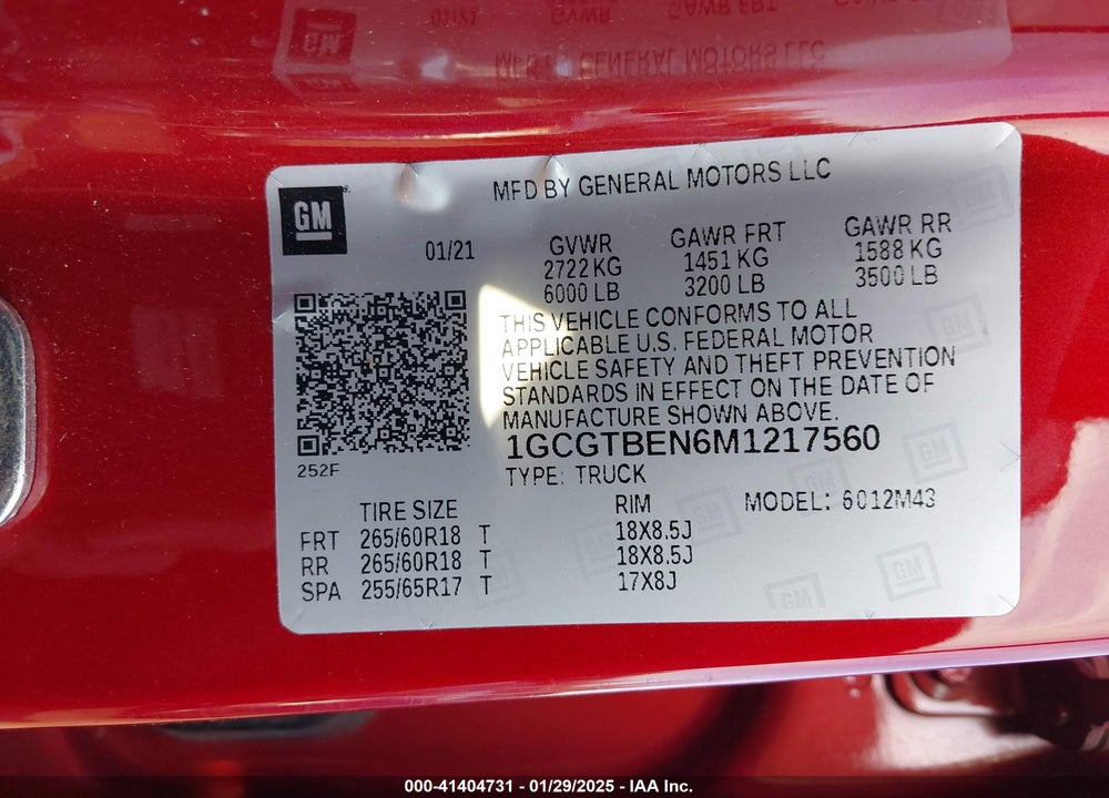 2021 CHEVROLET COLORADO VIN: 1GCGTBEN6M1217560