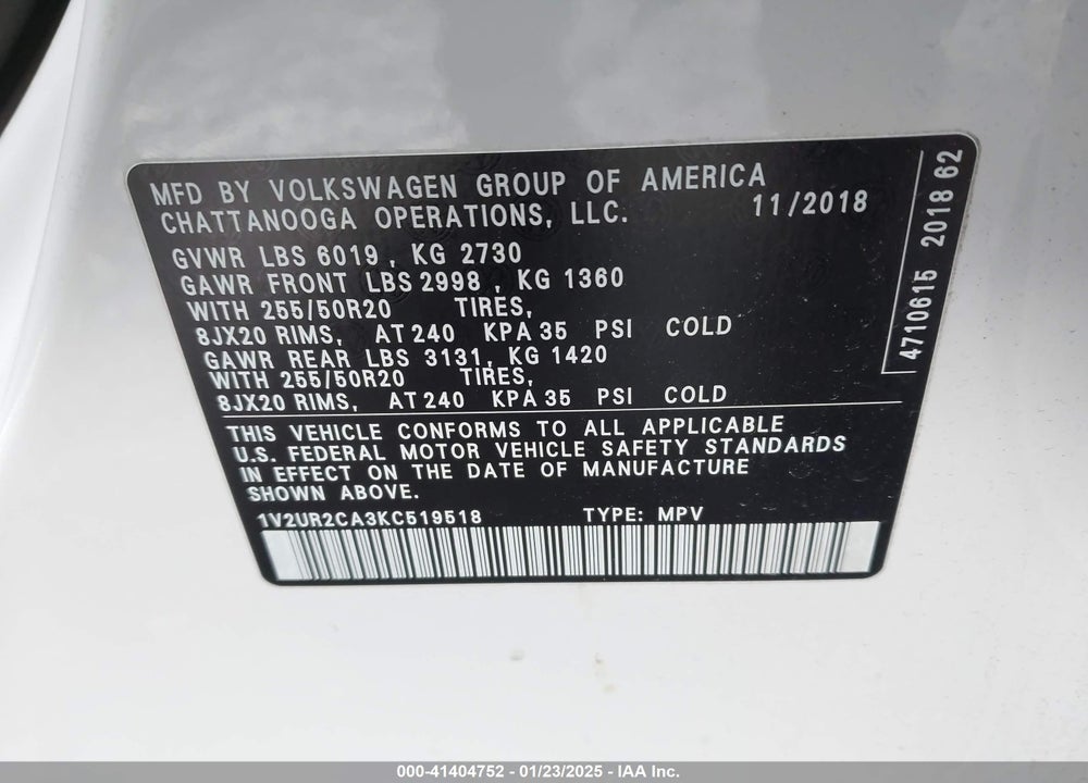 2019 VOLKSWAGEN ATLAS 3.6L V6 SE W/TECHNOLOGY VIN: 1V2UR2CA3KC519518