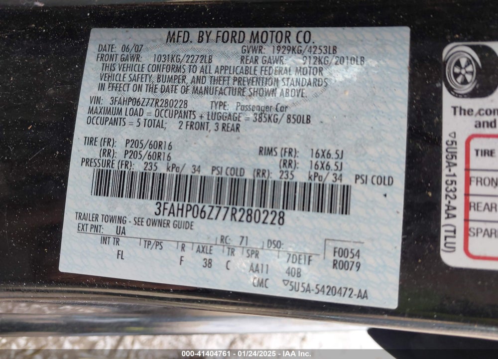2007 FORD FUSION S VIN: 3FAHP06Z77R280228