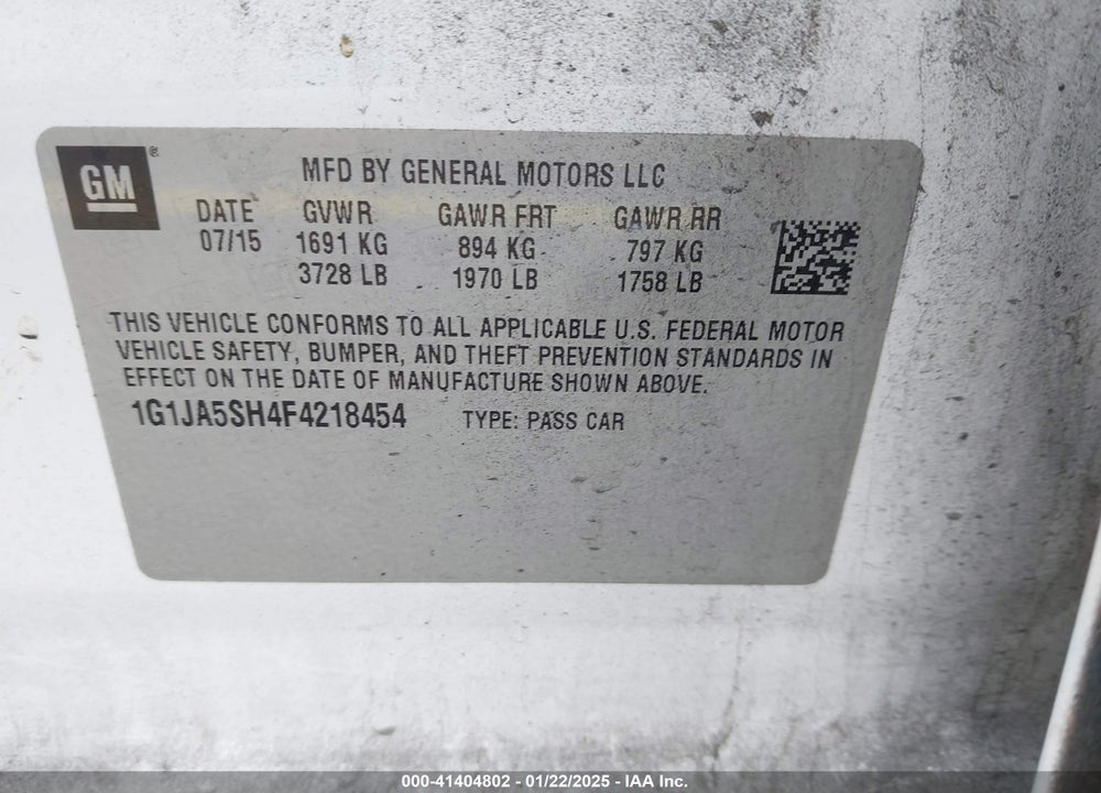 2015 CHEVROLET SONIC VIN: 1G1JA5SH4F4218454