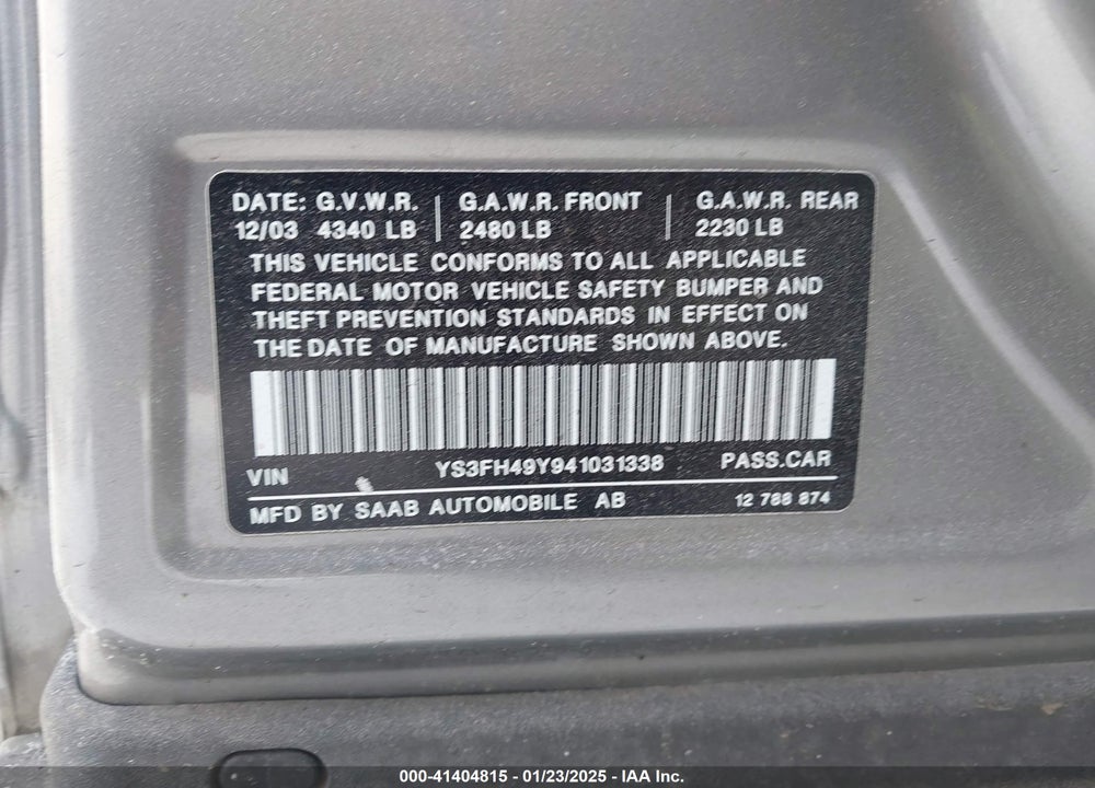 2004 SAAB 9-3 AERO VIN: YS3FH49Y941031338