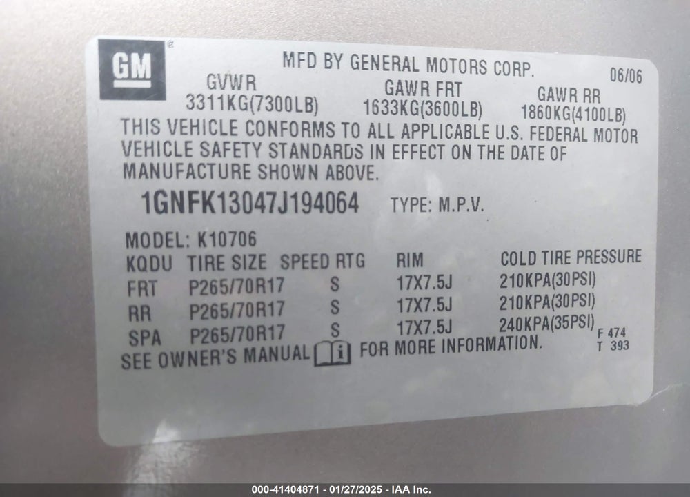 2007 CHEVROLET TAHOE LT VIN: 1GNFK13047J194064