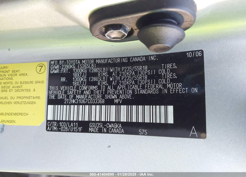 2007 LEXUS RX 350 VIN: 2T2HK31U67C033368