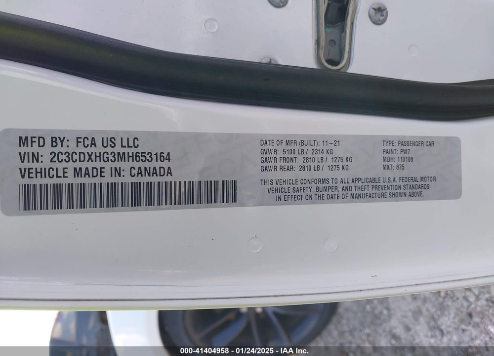 2021 DODGE CHARGER VIN: 2C3CDXHG3MH653164