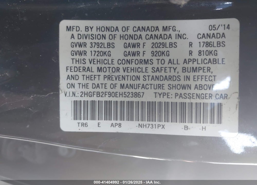 2014 HONDA CIVIC VIN: 2HGFB2F90EH523867