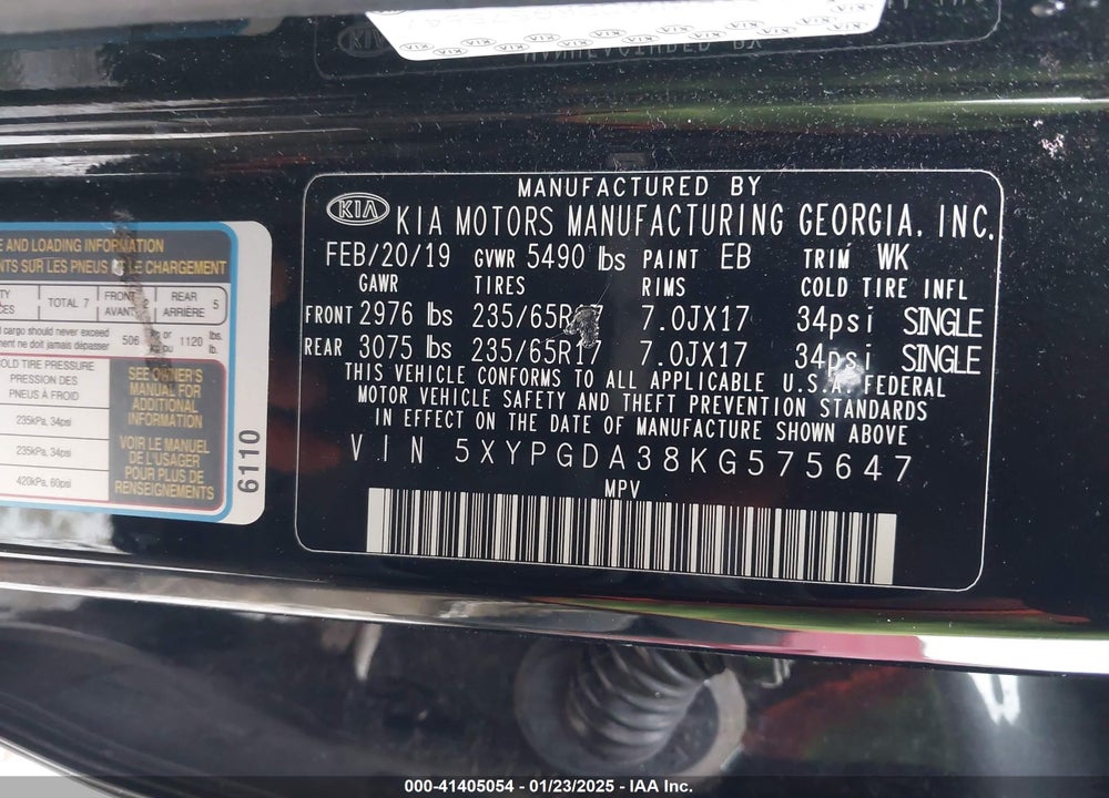 2019 KIA SORENTO VIN: 5XYPGDA38KG575647