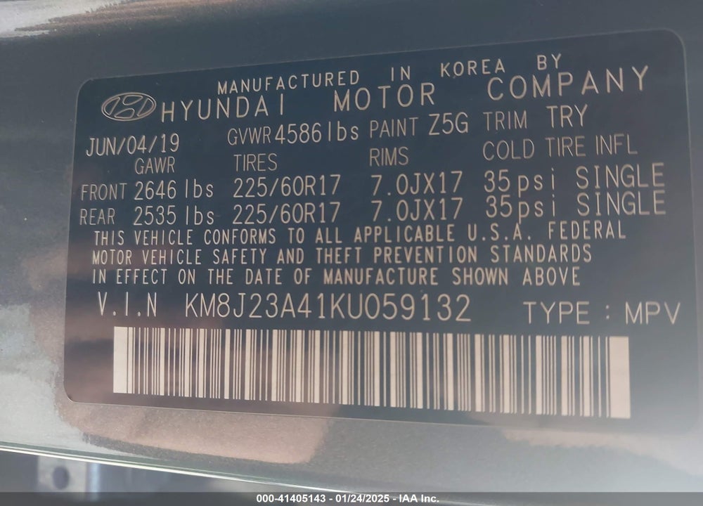 2019 HYUNDAI TUCSON VIN: KM8J23A41KU059132