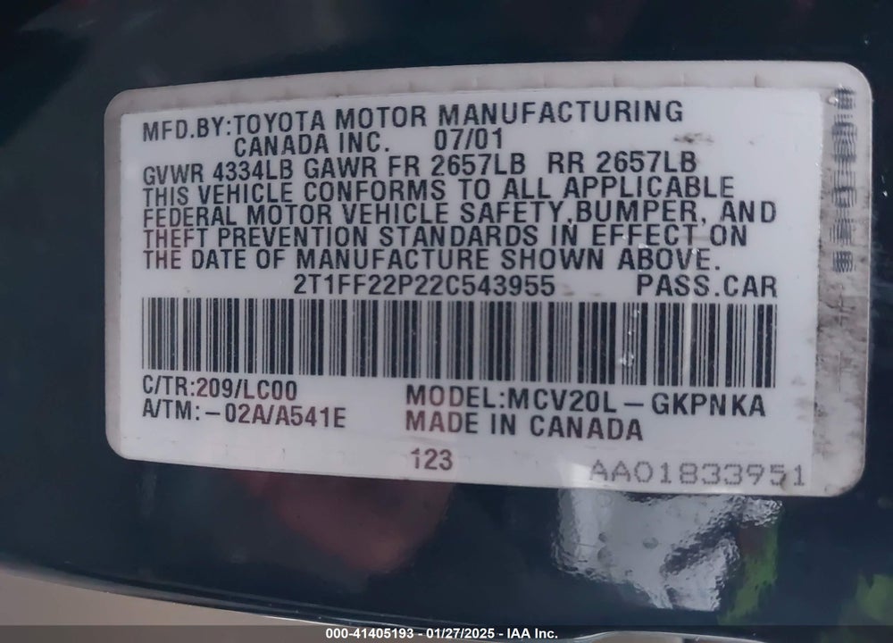 2002 TOYOTA CAMRY SOLARA SLE V6 VIN: 2T1FF22P22C543955