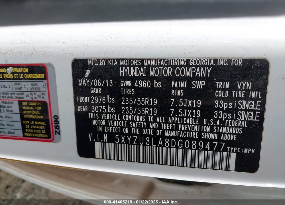 2013 HYUNDAI SANTA FE SPORT 2.0T VIN: 5XYZU3LA8DG089477