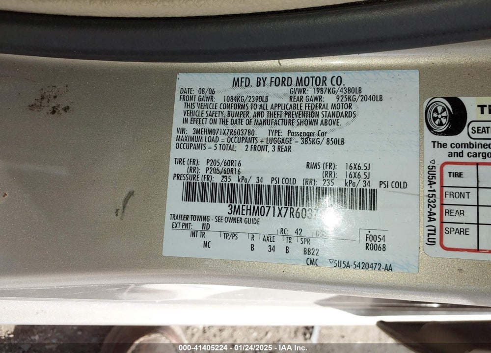 2007 MERCURY MILAN V6 VIN: 3MEHM071X7R603780