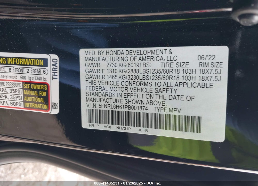 2023 HONDA ODYSSEY EX-L VIN: 5FNRL6H61PB001874