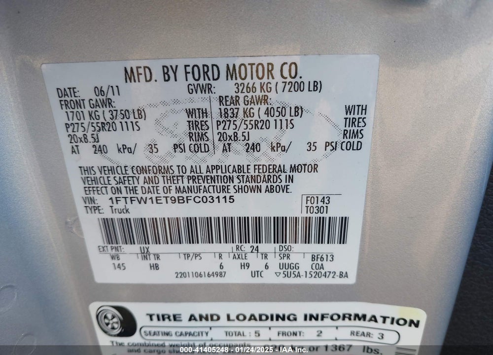 2011 FORD F-150 LARIAT VIN: 1FTFW1ET9BFC03115
