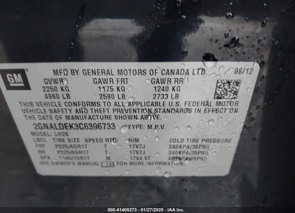 2012 CHEVROLET EQUINOX 1LT VIN: 2GNALDEK3C6396733