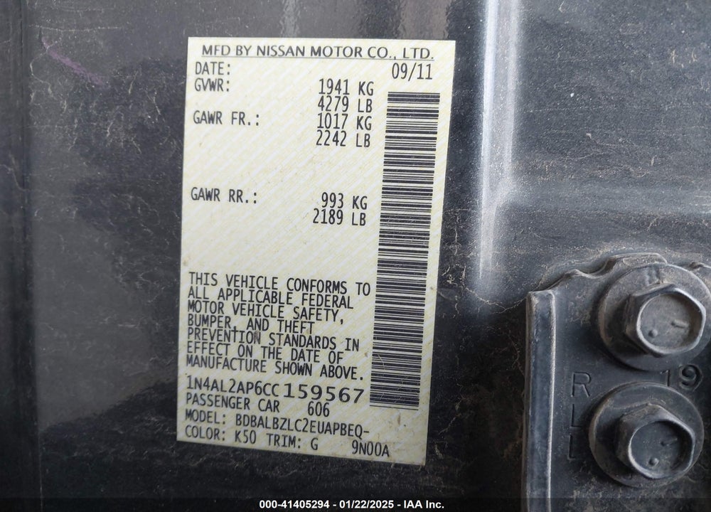 2012 NISSAN ALTIMA VIN: 1N4AL2AP6CC159567