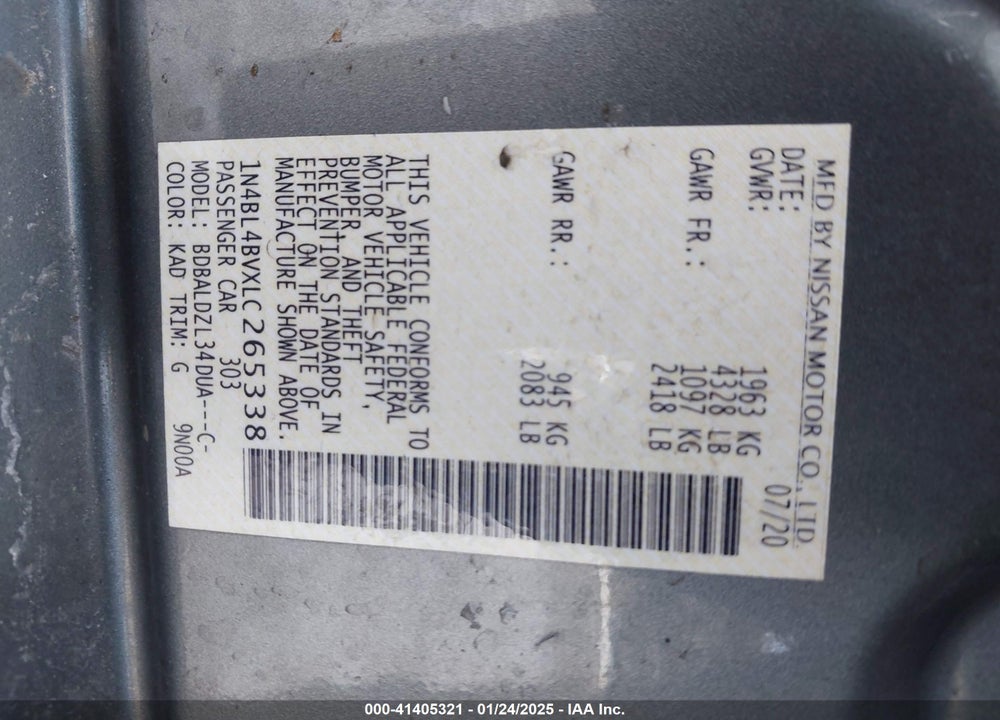 2020 NISSAN ALTIMA VIN: 1N4BL4BVXLC265338