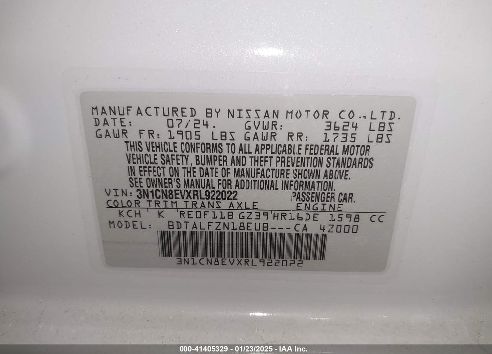 2024 NISSAN VERSA VIN: 3N1CN8EVXRL922022