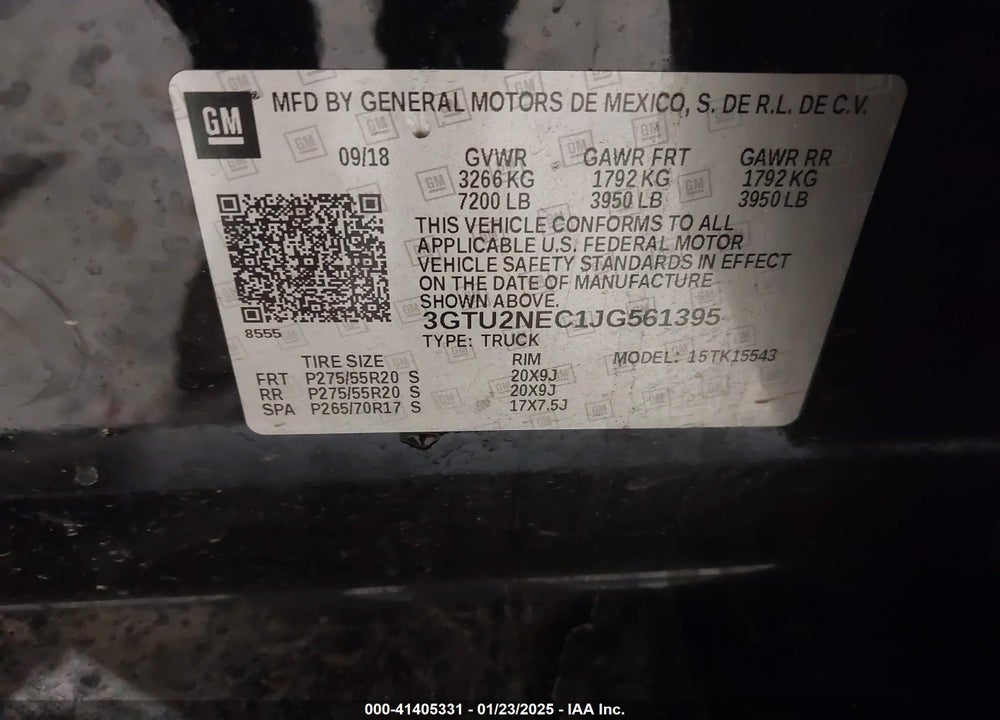 2018 GMC SIERRA 1500 VIN: 3GTU2NEC1JG561395