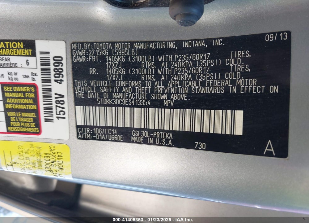 2014 TOYOTA SIENNA LE V6 8 PASSENGER VIN: 5TDKK3DC9ES413354