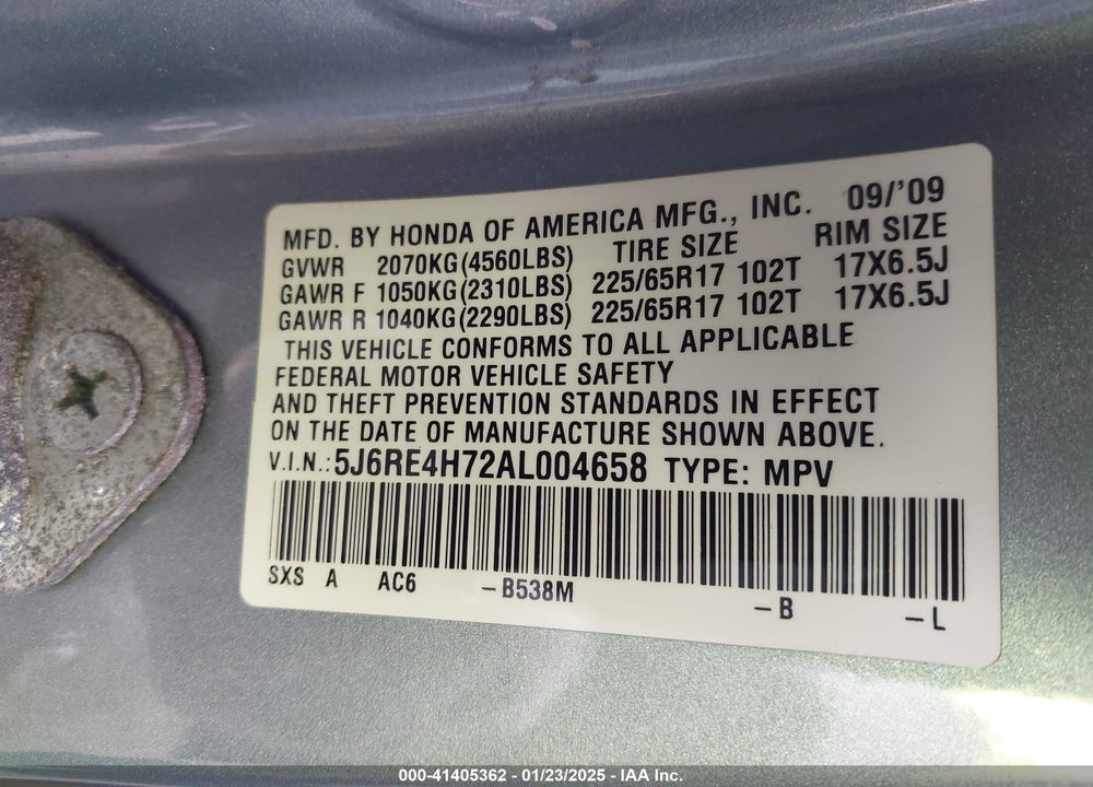 2010 HONDA CR-V VIN: 5J6RE4H72AL004658