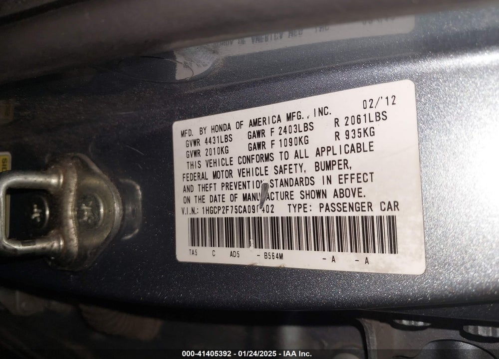 2012 HONDA ACCORD 2.4 EX VIN: 1HGCP2F75CA090402