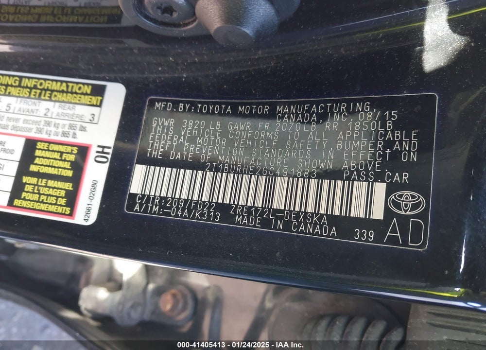 2016 TOYOTA COROLLA VIN: 2T1BURHE2GC491883