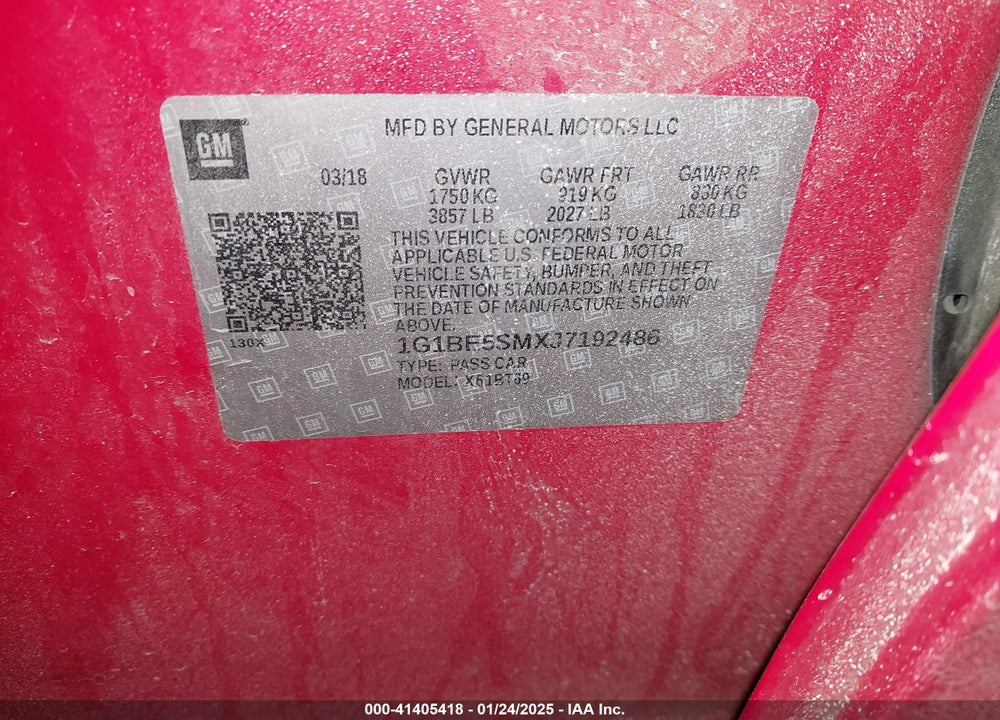 2018 CHEVROLET CRUZE VIN: 1G1BE5SMXJ7192486