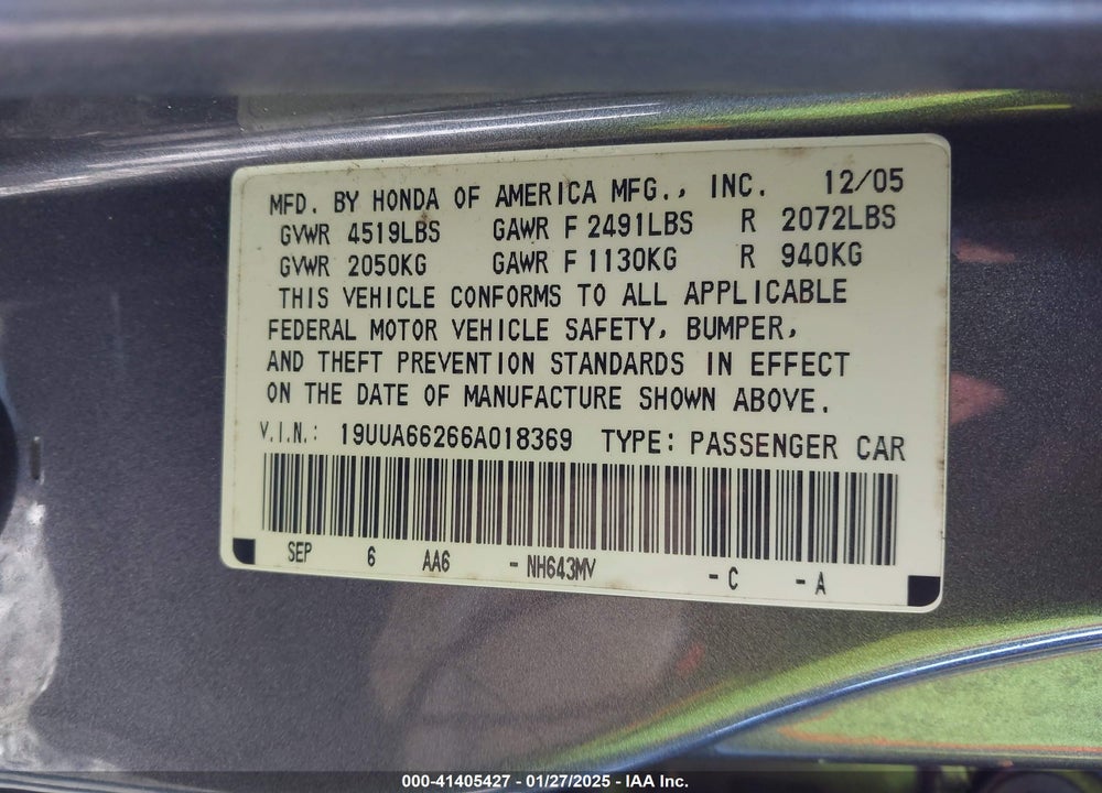 2006 ACURA TL VIN: 19UUA66266A018369