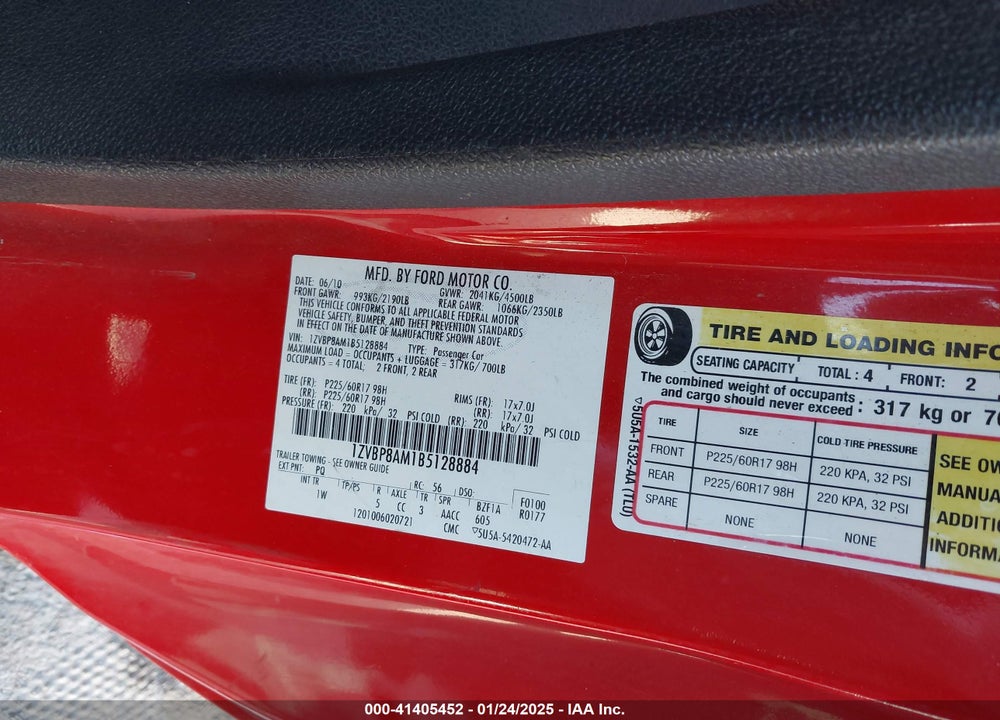 2011 FORD MUSTANG V6 VIN: 1ZVBP8AM1B5128884
