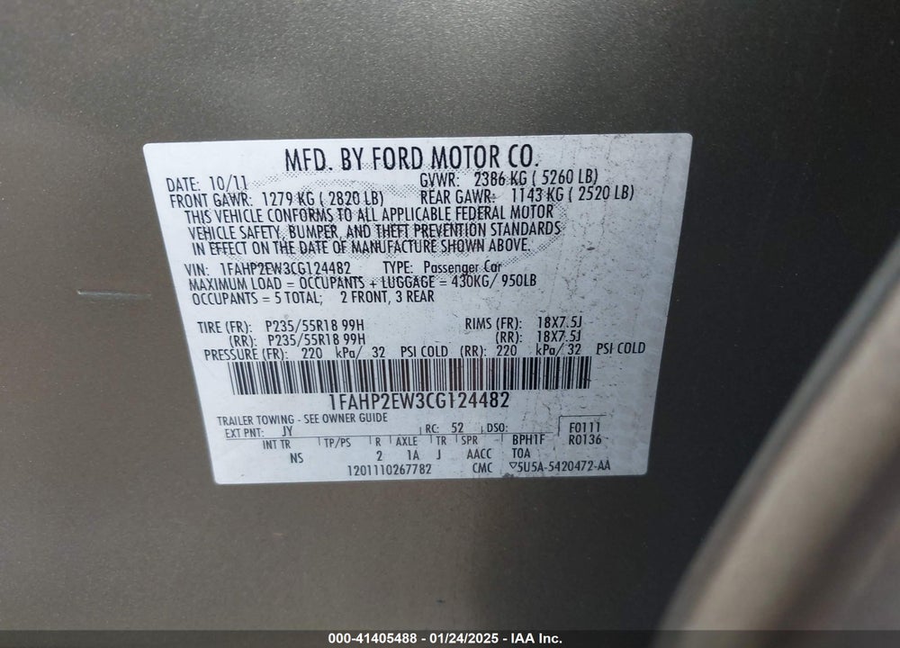 2012 FORD TAURUS SEL VIN: 1FAHP2EW3CG124482