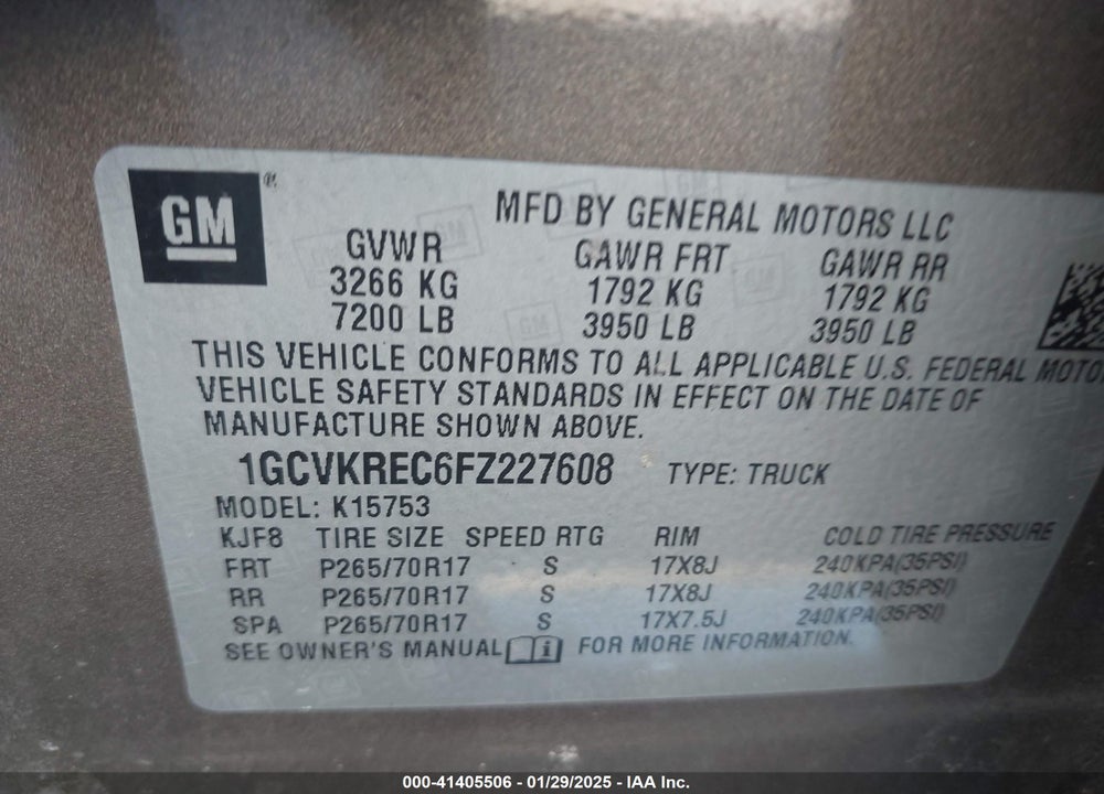 2015 CHEVROLET SILVERADO 1500 VIN: 1GCVKREC6FZ227608