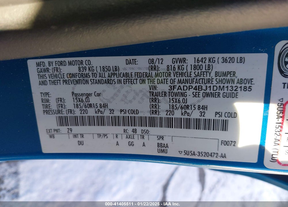 2013 FORD FIESTA VIN: 3FADP4BJ1DM132185
