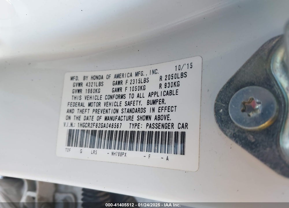 2016 HONDA ACCORD VIN: 1HGCR2F82GA048567