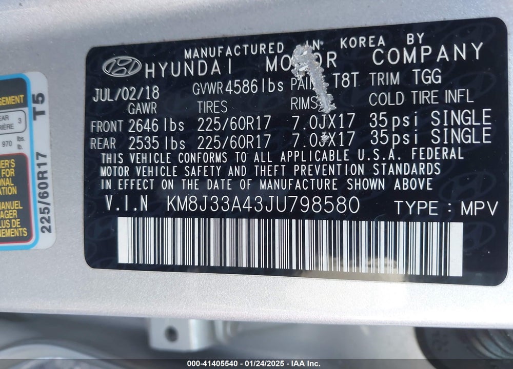 2018 HYUNDAI TUCSON VIN: KM8J33A43JU798580