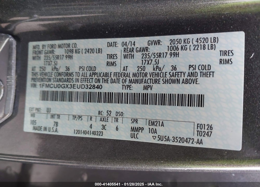 2014 FORD ESCAPE SE VIN: 1FMCU0GX3EUD32840