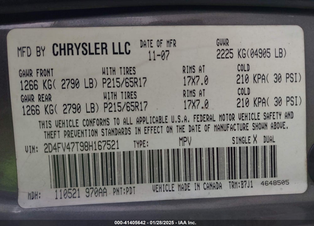 2008 DODGE MAGNUM VIN: 2D4FV47T98H167521
