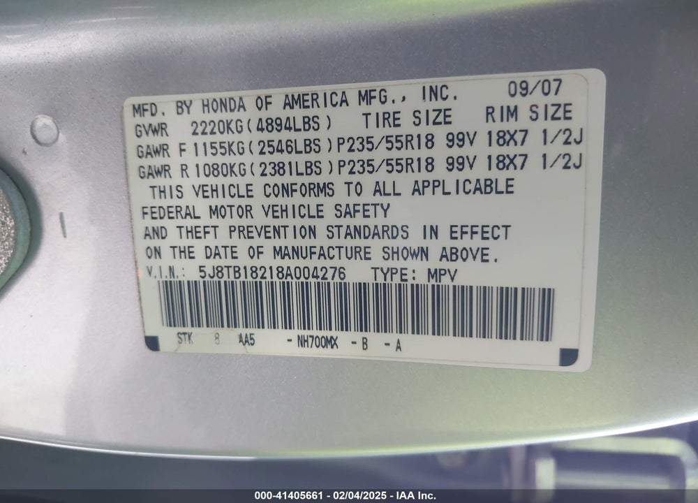 2008 ACURA RDX VIN: 5J8TB18218A004276